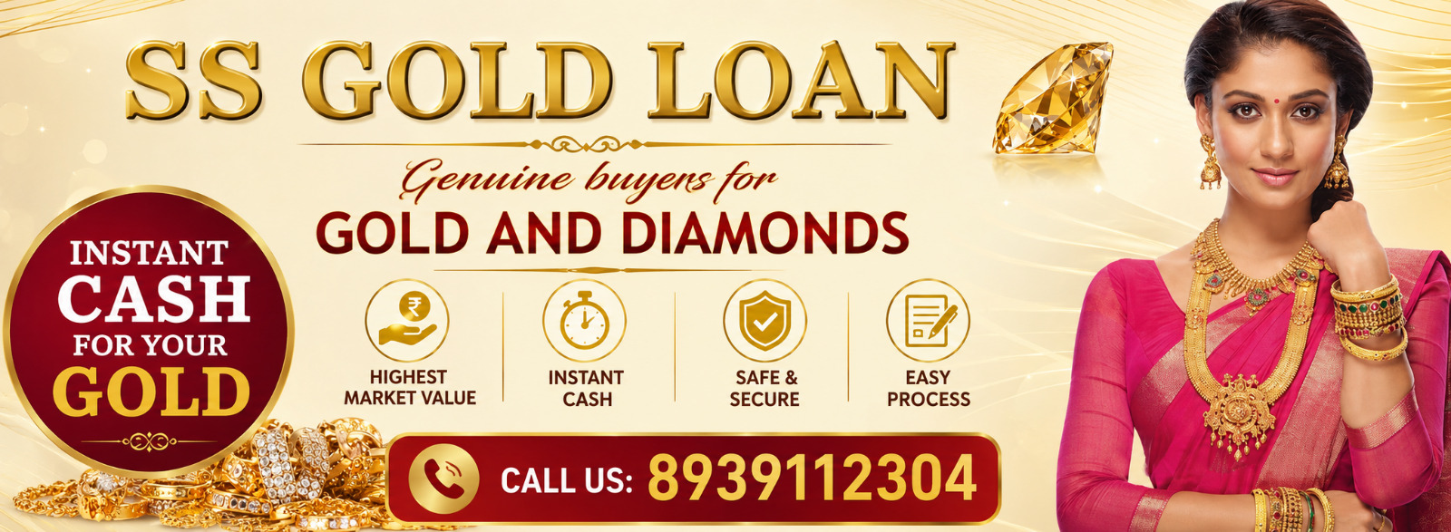 SS Gold Loan Spot Cash. Image depicting a gold loan advertisement, showcasing financial services and gold jewelry.