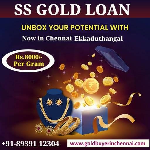 Promotional banner for SS Gold Loan in Chennai Ekkaduthangal featuring the tagline โUnbox Your Potentialโ with gold loan and instant cash service highlights.