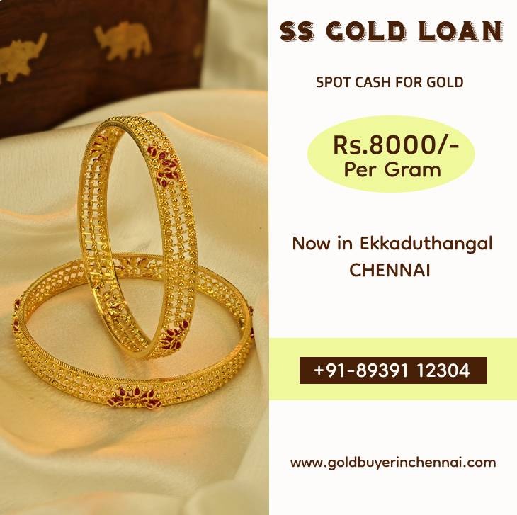 Spot Cash Process. Illustration of a gold loan offer in Chennai, featuring gold ornaments and information about loan terms.
