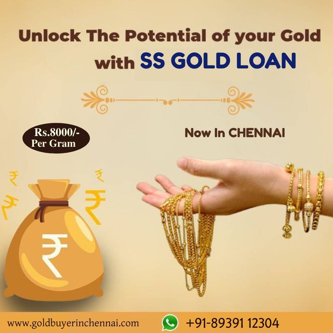 Promotional image for SS Gold Loan in Chennai featuring the message โUnlock the potential of your goldโ with gold loan offers up to Rs 8000 per gram and instant cash benefits.